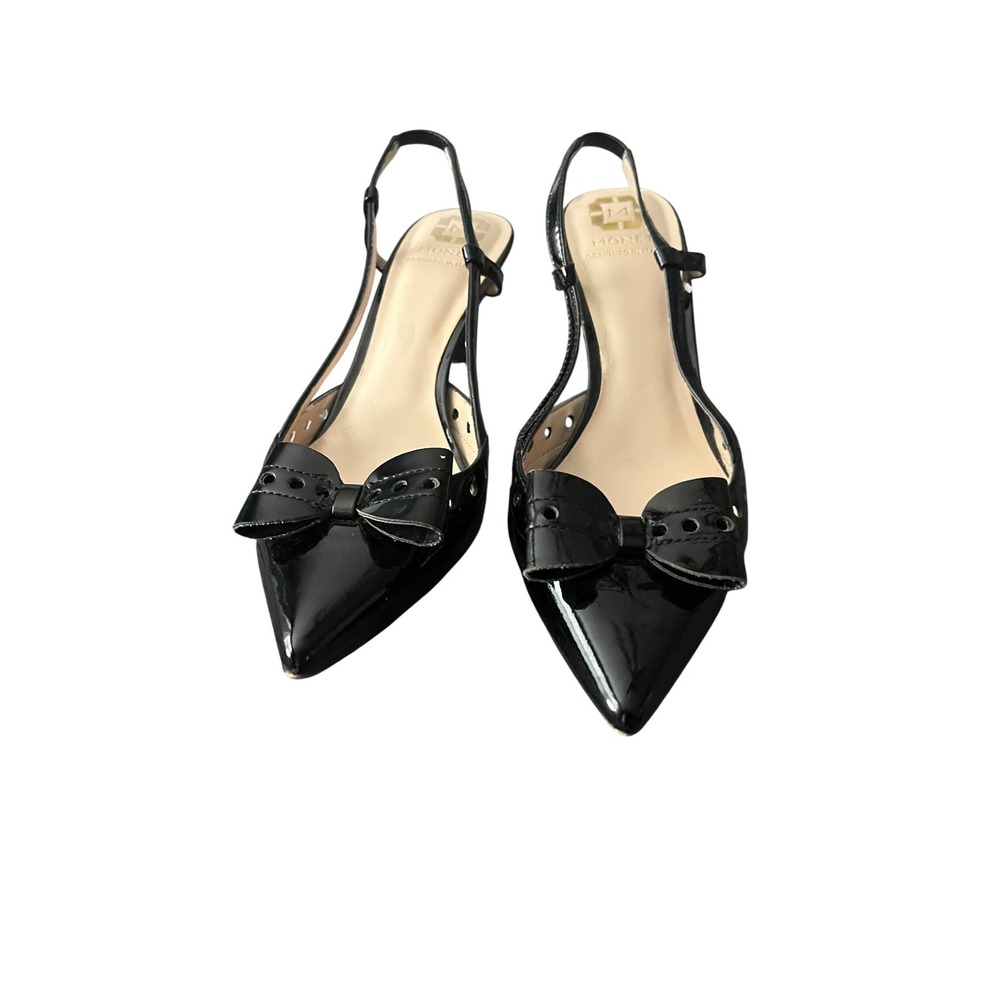 Monet‎ Black Patent Leather Slingback Bow Kitten Heels Pointed Toe Pumps